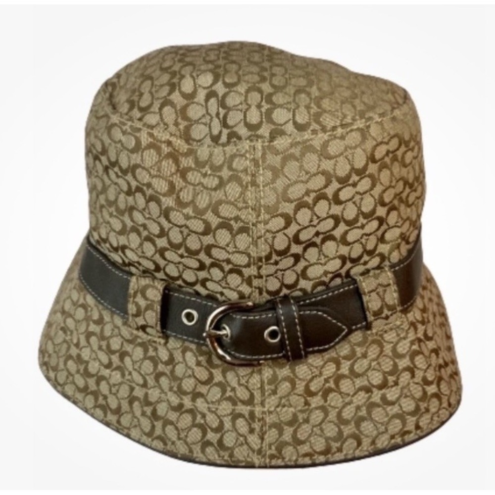 Coach Monogram Bucket Hat Khaki Brown Signature Logo With Leather W Silver Strap
